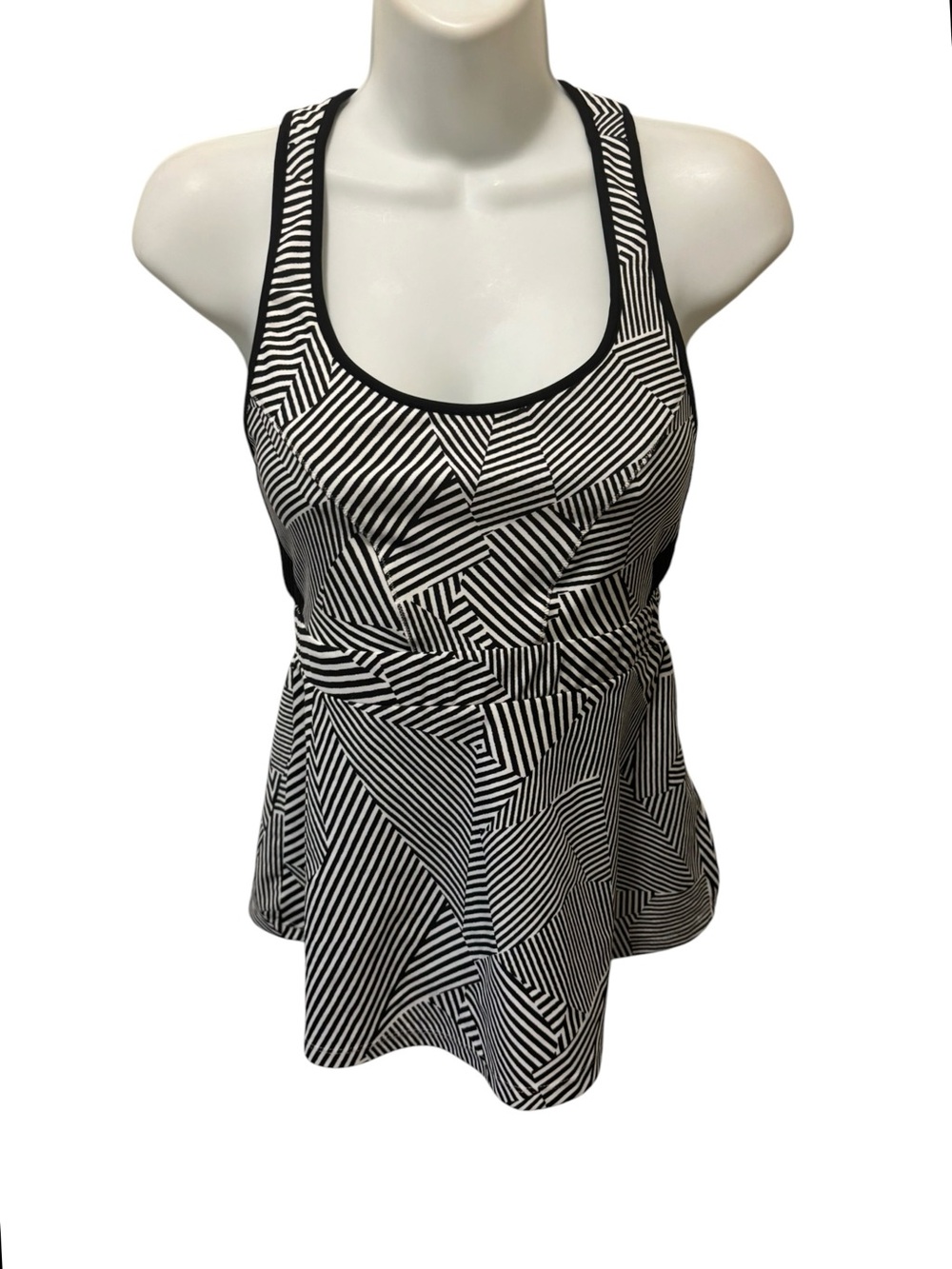 Rebecca Minkoff Peplum Workout Racerback Vita Top M Black White Striped Athletic